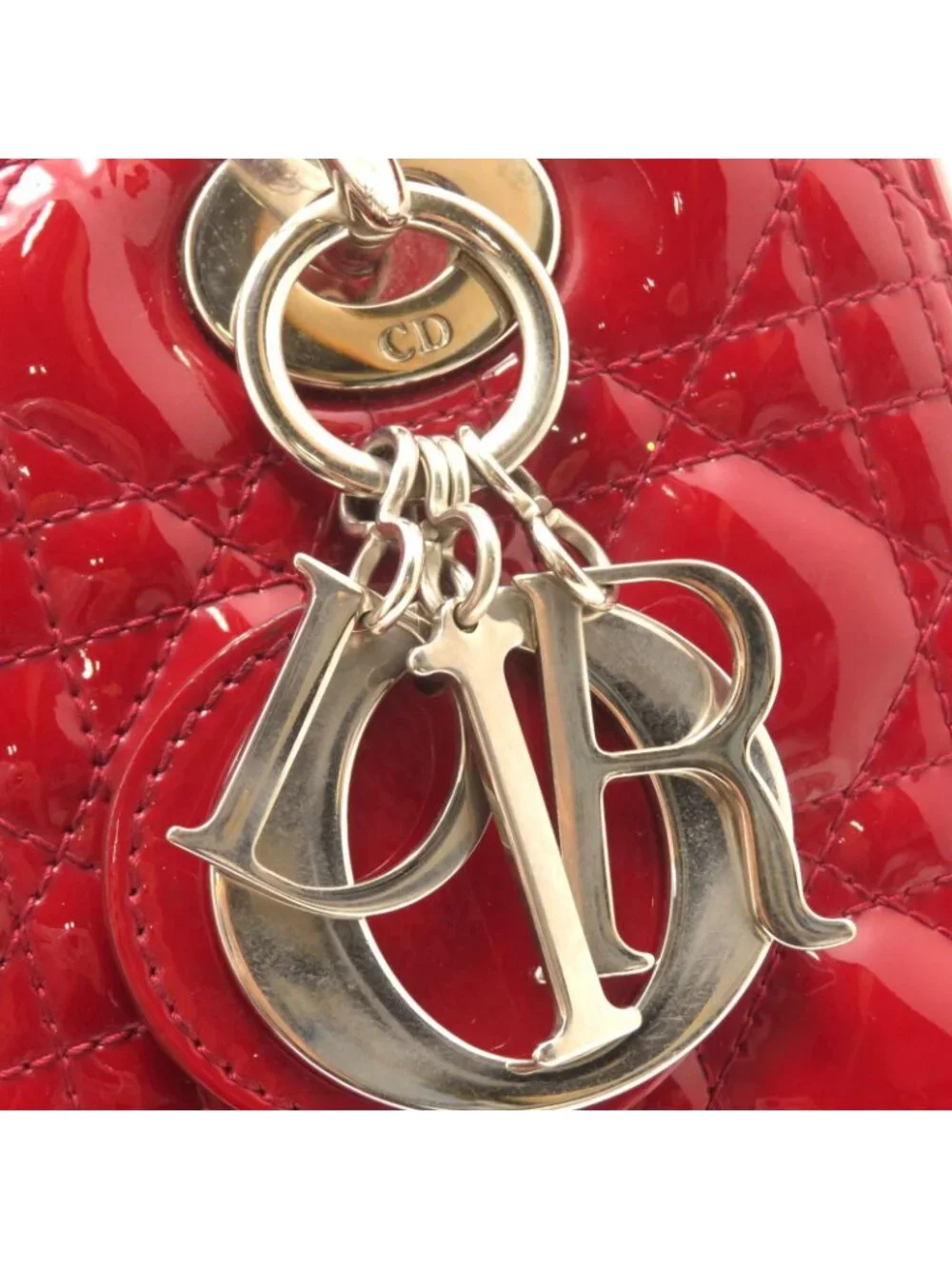 Dior Cannage Lady Dior Handbag Medium Red S Patent Leather Silver